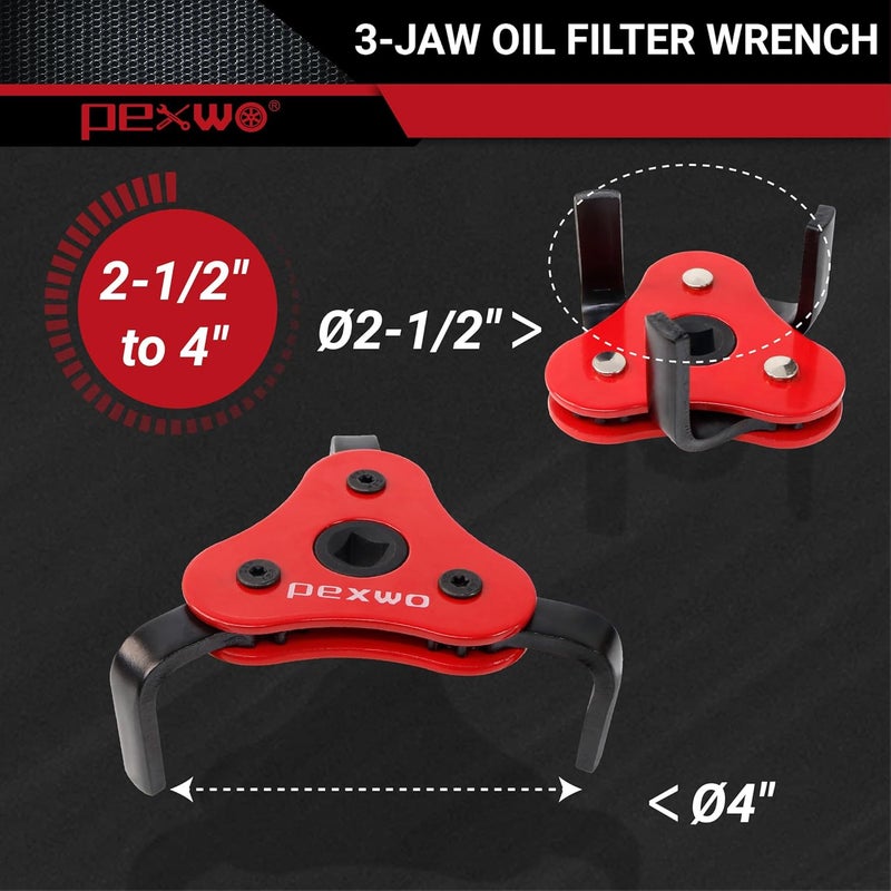 pexwo 2-Piece 3-Jaw Adjustable Oil Filter Wrench Set - Universal Fit for 2-1/2" to 5-1/2" Filters, 3/8" and 1/2" Both Drive - Image 3